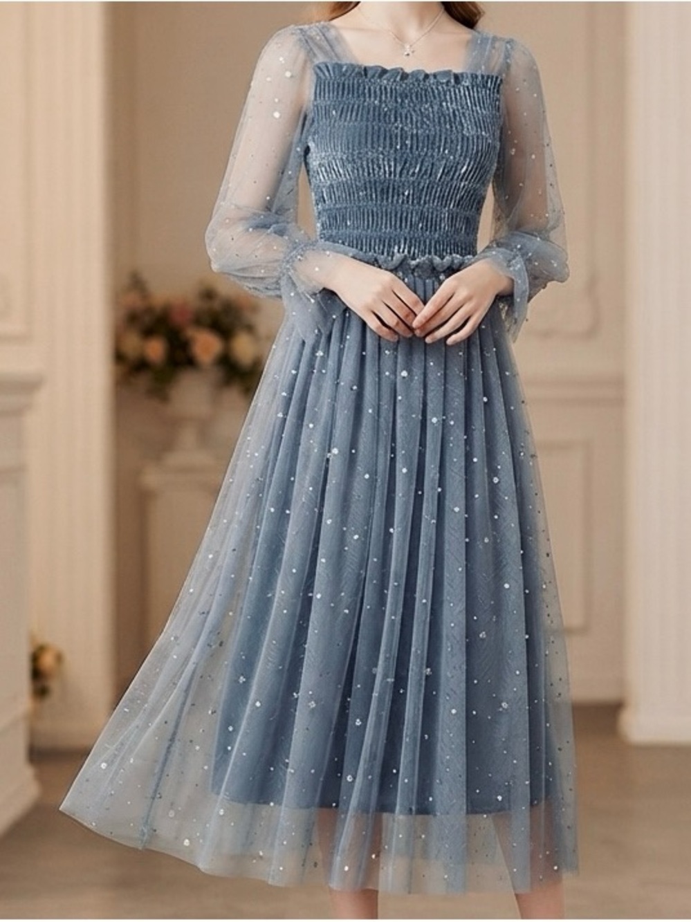 🩵 HAO LIANG 🩵 Smocked Polka-Dot Tulle Midi Dress in Dusty Blue